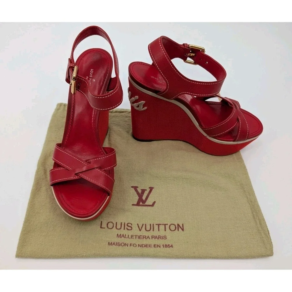 Louis Vuitton Red Waterfall Wedge Cloth & Leather Sandals Size 37.5 EU/7 US